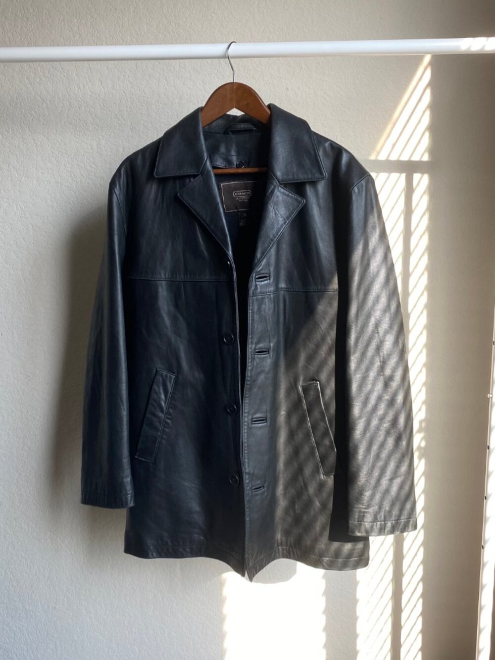 Coach Men's Black Leather Jacket / Casual Blazer with Notched Lapel, Size S